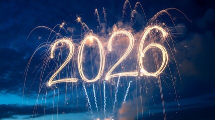 Sparkling fireworks form the year 2026 in a deep blue twilight sky celebrating New Year