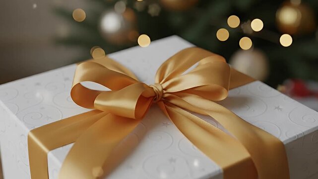 A beautifully wrapped white gift box, adorned with a luxurious golden ribbon and bow, sits elegantly in the foreground. Subtle patterns of stars and swirls decorate the box, enhancing its sophisticate