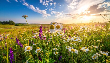 Beautiful field meadow flowers chamomile, blue wild peas in morning against blue sky with clouds, nature landscape