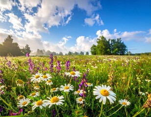 Beautiful field meadow flowers chamomile, blue wild peas in morning against blue sky with clouds, nature landscape