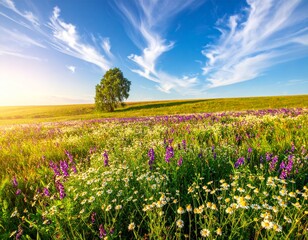 Beautiful field meadow flowers chamomile, blue wild peas in morning against blue sky with clouds, nature landscape