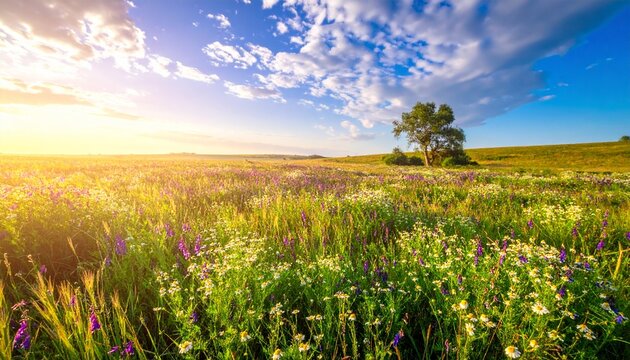 Beautiful field meadow flowers chamomile, blue wild peas in morning against blue sky with clouds, nature landscape