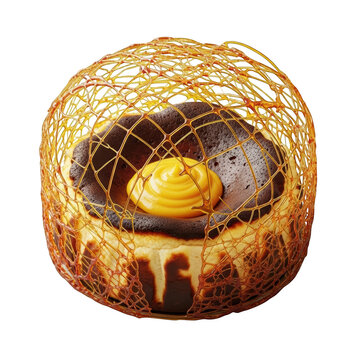 Basque burnt cheesecake with creamy center and decorative spun sugar cage, isolated on transparent background