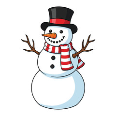 Smiling snowman in top hat and scarf on a white background