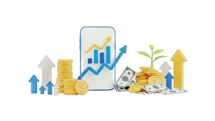 Financial Growth Concept: Arrows, Coins, and Smartphone Displaying Charts