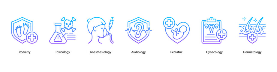 Clinical Specialties web banner illustration featuring Podiatry, Toxicology, Anesthesiology, Audiology, Pediatric, Gynecology, and Dermatology.