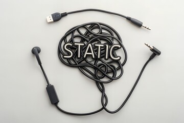 Tangled headphones and cables form a brain with the word static