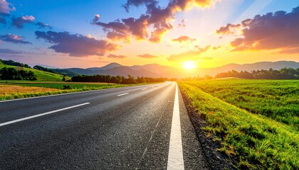 beautiful sun rising sky with asphalt highways road in rural scene