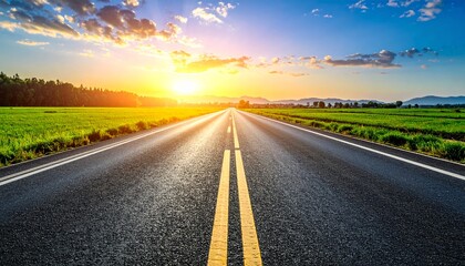 beautiful sun rising sky with asphalt highways road in rural scene