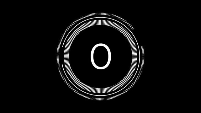 Circular animation with 5 second countdown. Circular countdown animation from five to zero seconds on black background with smooth transitions showing passing time. 4K Video
