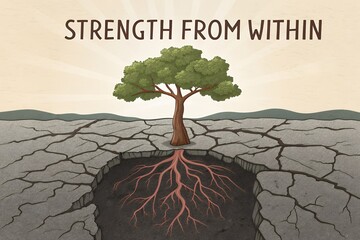 Tree roots breaking through rock with text Strength From Within