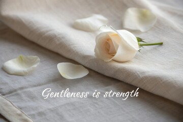 White rose petal rests on linen with gentle quote
