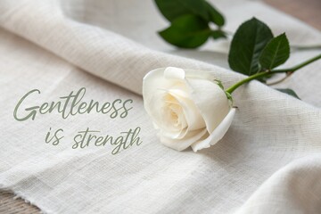 White rose petal rests on linen with inspirational quote Gentleness Is Strength 