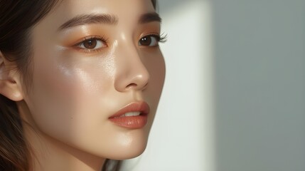 Close-up portrait of a young woman with luminous, golden-toned makeup, soft lighting casting shadows
