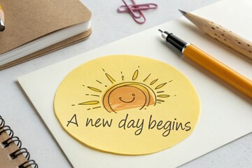 Yellow paper circle with sun drawing and quote A new day begins