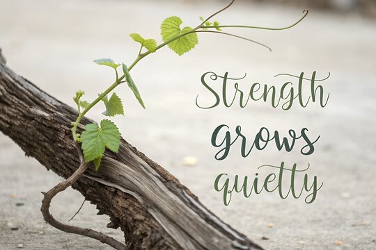Young vine grows around weathered wood with inspiring quote 'Strength Grow Quietly"