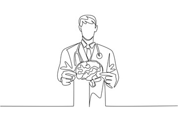 Continuous line drawing of a doctor holding a brain model with stethoscope, highlighting World Brain Tumor Day and the importance of healthcare, research, and patient awareness worldwide.