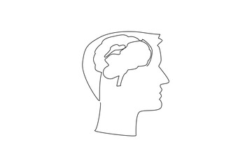 Continuous line drawing of a male head with visible brain inside, symbolizing brain awareness, neurological conditions, and World Brain Tumor Day support for patients and global health care.