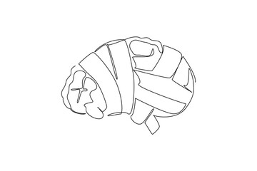 Continuous line drawing of a human brain wrapped in medical bandages, symbolizing World Brain Tumor Day, health awareness, and support for patients with neurological conditions.