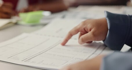 Paper, hands or reading in office for accounting, check balance sheet or financial record maintenance. Achieve audit, review account transactions or person with tax planning, money or asset history