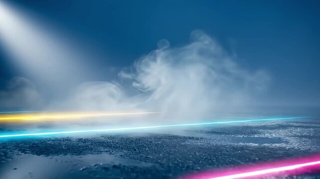 A dynamic and futuristic abstract background features glowing neon light lines streaking across a wet, reflective dark surface, creating a powerful sense of speed and forward motion. Billowing smoke a