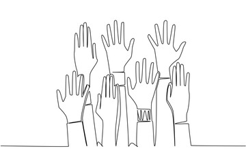Continuous line drawing of raised hands, representing activism, support, and equality for Race Unity Day. This unity concept design conveys strength, protest, and togetherness.