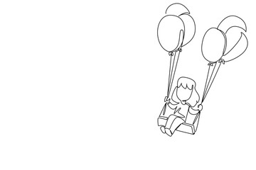 Continuous line drawing of a girl on a swing lifted by balloons for National Kids Day, symbolizing playful childhood imagination, happiness, and freedom in a joyful nature concept artwork.