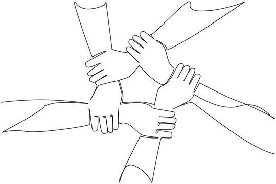 Continuous line drawing of several hands interlocked in a circle, symbolizing unity, teamwork, and equality for Race Unity Day. A strong message of solidarity and inclusion.