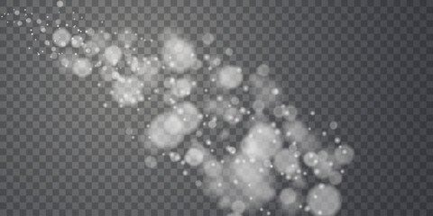 Festive sparkling dust white PNG. Bokeh Christmas glowing light effect. Soft white bokeh light circles float on a transparent background, glowing effect perfect for overlays, festive designs