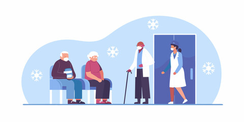 Healthcare professionals attending to senior patients in a waiting area setting