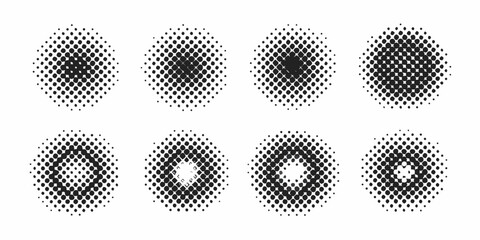 Arrangement of halftone dot patterns in a grid showcasing varying densities