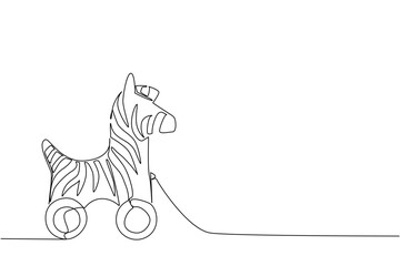 One line drawing depicts a zebra wooden wheeled toy, designed in minimalist art style to reflect playful childhood charm and creativity, ideal for vector illustration and art concept.
