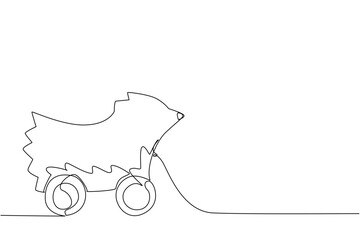 Minimal single line drawing of a hedgehog wooden toy with wheels, crafted in continuous line drawing style. The design concept emphasizes childhood play, creativity, and simple vector art.
