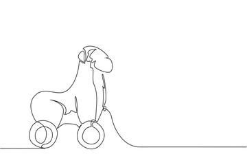Fototapeta premium Single line drawing of a wooden chimpanzee toy on wheels, crafted in a minimalist and abstract style. This animal concept design highlights creativity, childhood play, and handmade tradition.