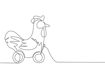 playful rooster wooden wheeled toy illustrated in continuous line drawing, highlighting creative design concept, simplicity, and minimalist cartoon charm for kids and decorative artwork.