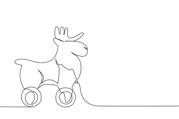 Fototapeta premium single line drawing of a wooden moose toy on wheels, crafted in a minimalist and abstract style. This animal concept emphasizes childhood creativity, decorative art, and playful imagination.