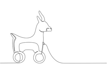 Fototapeta premium Continuous line drawing of a wooden antelope toy with wheels, crafted in minimalist style. This design highlights the antelope graceful horns, wildlife character, and simple creative wooden art.