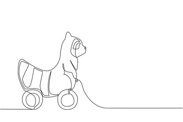 Fototapeta premium Continuous line drawing of a wooden raccoon toy with wheels, designed in minimalist style. This animal artwork highlights the raccoon playful character, rustic craft, and creative childhood design.