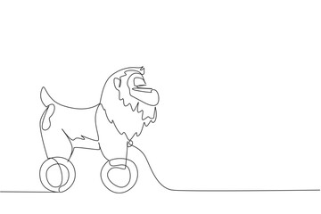 Continuous line drawing of a wooden mandrill toy with wheels, showing its mane and unique primate face. This minimalist design highlights handcrafted creativity, animal art, and playful wooden style.