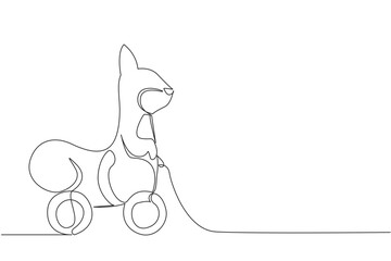 Fototapeta premium Charming squirrel wooden wheeled toy drawn in single line drawing, showcasing playful woodland animal character, minimalist design concept, and decorative artwork suitable for kids and art lovers.