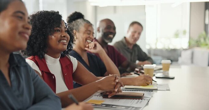 Human resources, meeting or team laughing in boardroom, corporate training or cv screening workshop. Interview skills, funny joke or people with attention for talent sourcing seminar, learn or listen