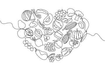 One line drawing illustration depicting various fruits and vegetables arranged into a heart shape, celebrating Eat Flexitarian Day with focus on health, wellness, and balanced food concept lifestyle.