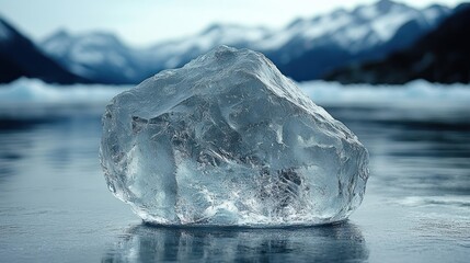 Large, clear ice chunk on frozen lake