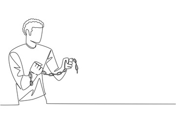 Dramatic single line drawing of a man breaking chains with both hands, symbolizing human strength, protest, and the abolition of slavery for Abolition Day awareness concept design.