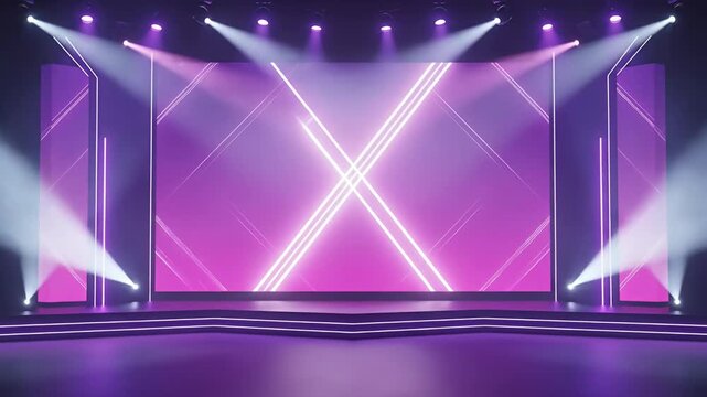 A dynamic virtual stage design features an expansive screen illuminated by striking neon lines forming an abstract geometric pattern. Bright spotlights cut through the dark, casting dramatic beams acr