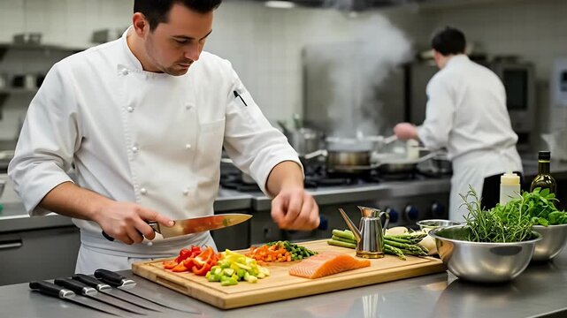 A focused professional chef, dressed in a crisp white uniform, meticulously chops vibrant fresh vegetables and a piece of raw salmon on a wooden cutting board in a bustling commercial kitchen. The sce