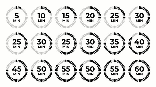 Minimalist black vector set of circular timer icons showing time progress from 5 minutes up to 60 minutes, concept for user interface design, application development and web speed testing