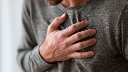 a man holding his chest with heart pain, a popular stock photo depicting a heart attack and the concept of passion for health.