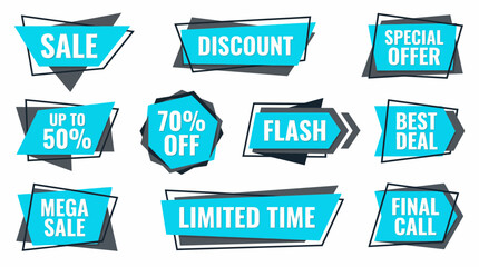 Nine geometric modern sale and discount vector banners in bright cyan and dark gray isolated on white, concept for online store promotions, advertising campaign and seasonal shopping events
