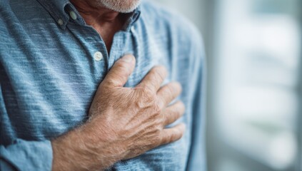 a man holding his chest with heart pain, a popular stock photo depicting a heart attack and the concept of passion for health.